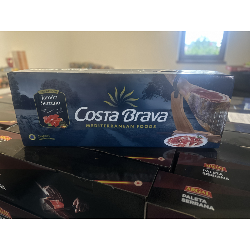 Хамон Jamon Serrano нога з підставкою та ножем у коробці 6,5 кг Хамон Jamon Serrano нога з підставкою та ножем у коробці 6,5 кг